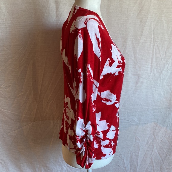 INC Floral Red/White Cardigan; Clear sequins; crystal buttons; 3/4 sleeves. SZ M - Picture 2 of 9